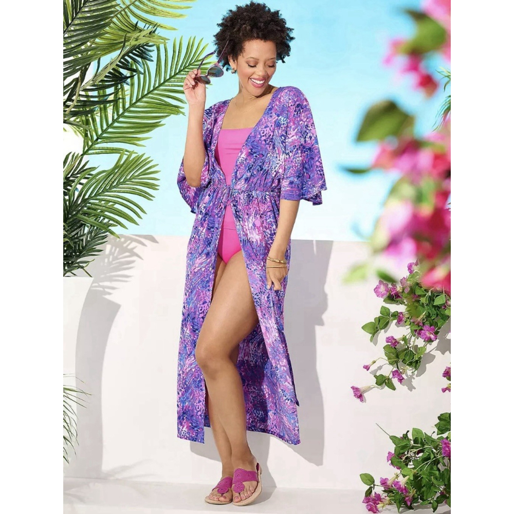 Belle Beach by Kim Gravel Tie Front Cover-Up XXXSP Purple/Animal Resortwear Swim
